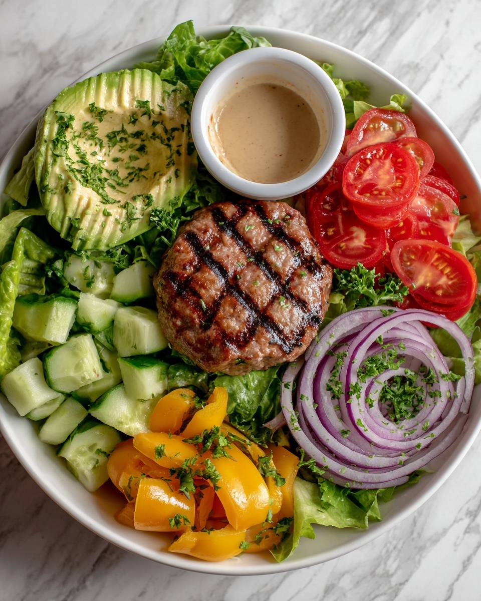 Juicy Grilled Burger Bowls with Fresh Vegetables Recipe - Recipe Image