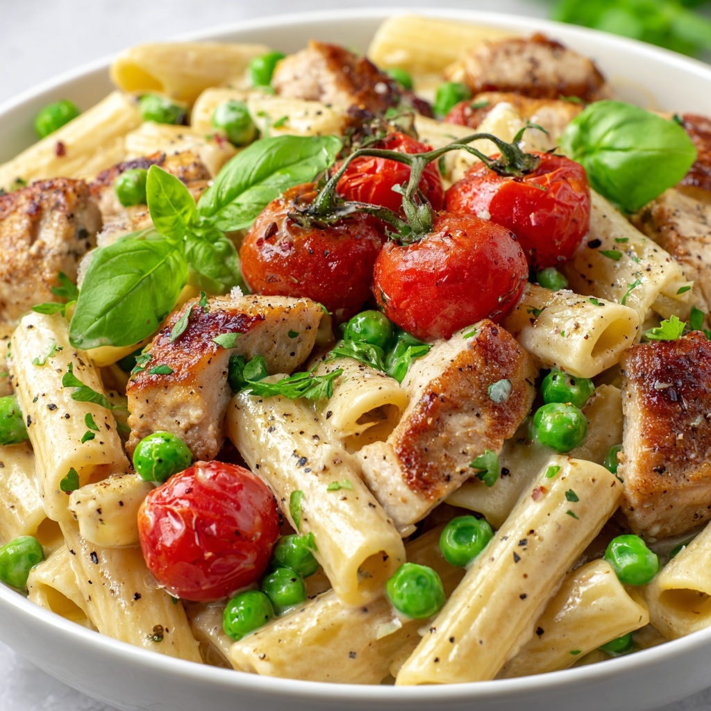 Creamy Chicken and Pea Carbonara Pasta Recipe - Recipe Image