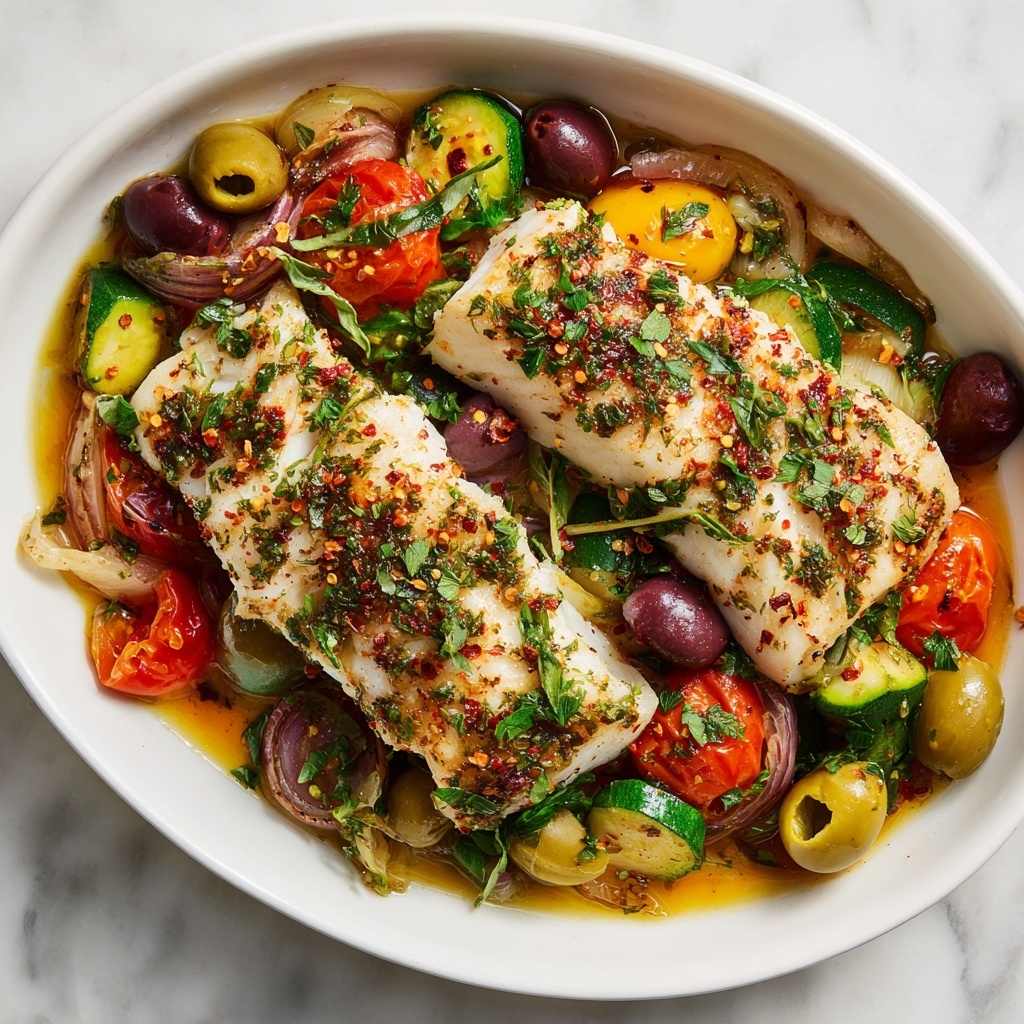 Mediterranean Baked Fish with Cherry Tomatoes, Olives, and Herbs Recipe - Recipe Image