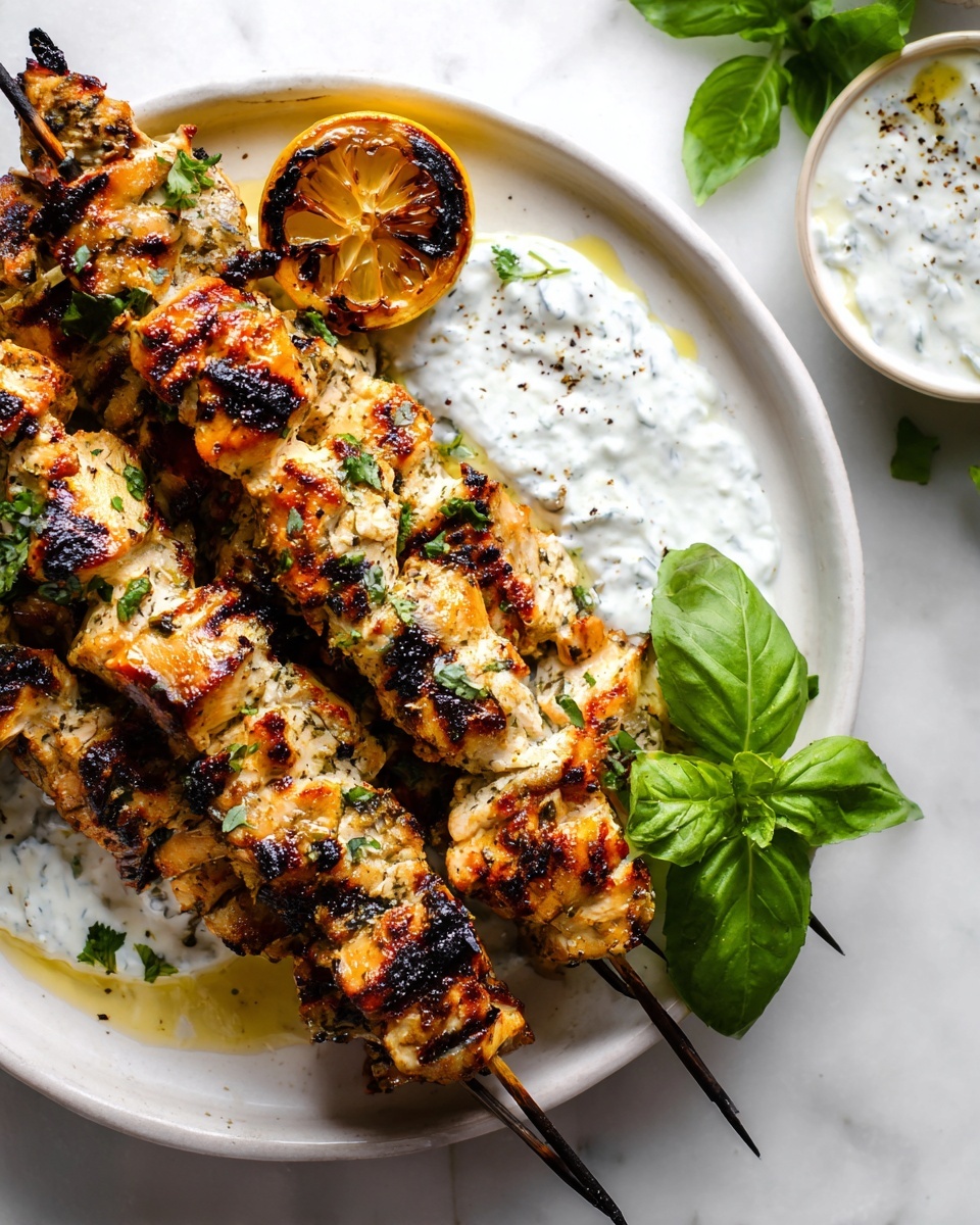 Basil and Garlic Grilled Chicken Skewers with Garlicky Whipped Ricotta Recipe - Recipe Image
