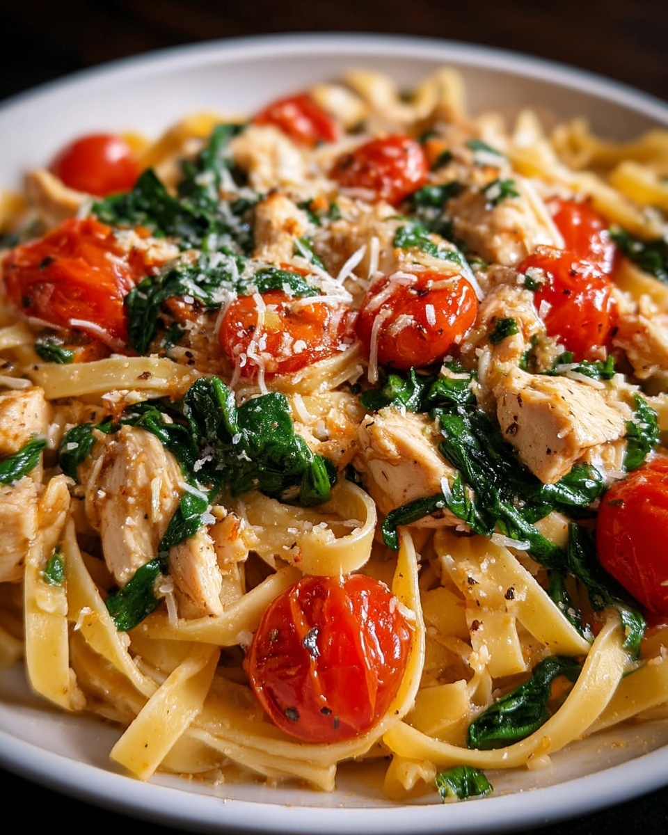 Creamy Garlic Tomato Chicken and Spinach Fettuccine Recipe - Recipe Image